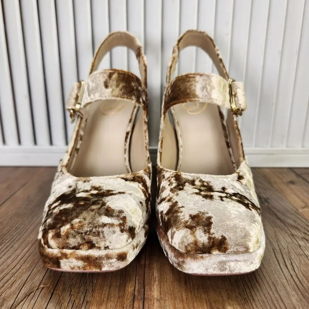 Sam Edelman Jildie Prosecco Velvet Womens Size 8.5 M Gold Mary Jane Heels Shoes